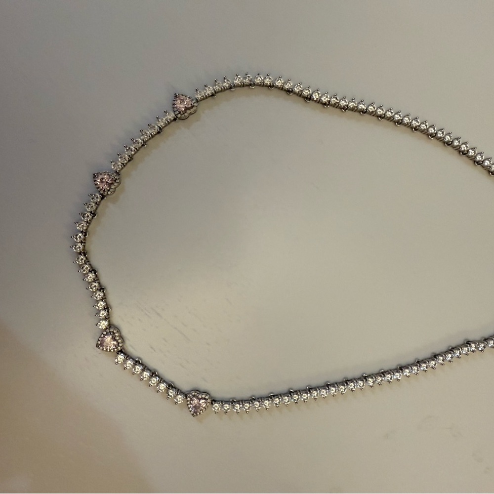 Elegant Silver with Pink Heart Tennis Necklace as seen in Vogue - Picture 5 of 6